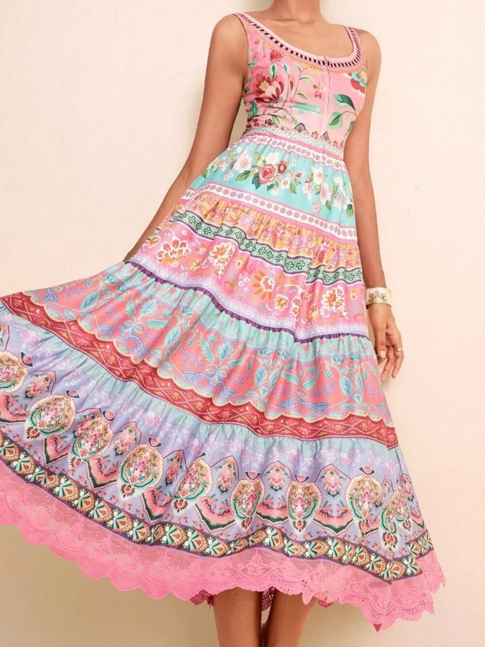 Multicolor Boho Women's Dress Floral Gradient U-Neck Sleeveless Cinched Waist